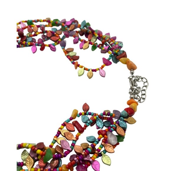 Boho Multi Strand Leaf Beaded Statement Necklace Retro 90s Vibrant Colorful - Picture 2 of 8